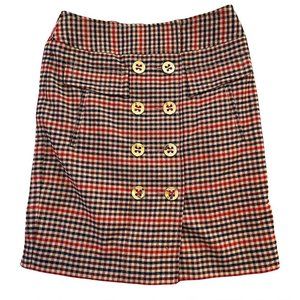 Etcetera Plaid Button Front Pencil Skirt Red/Brown/Navy/Gold Size 2